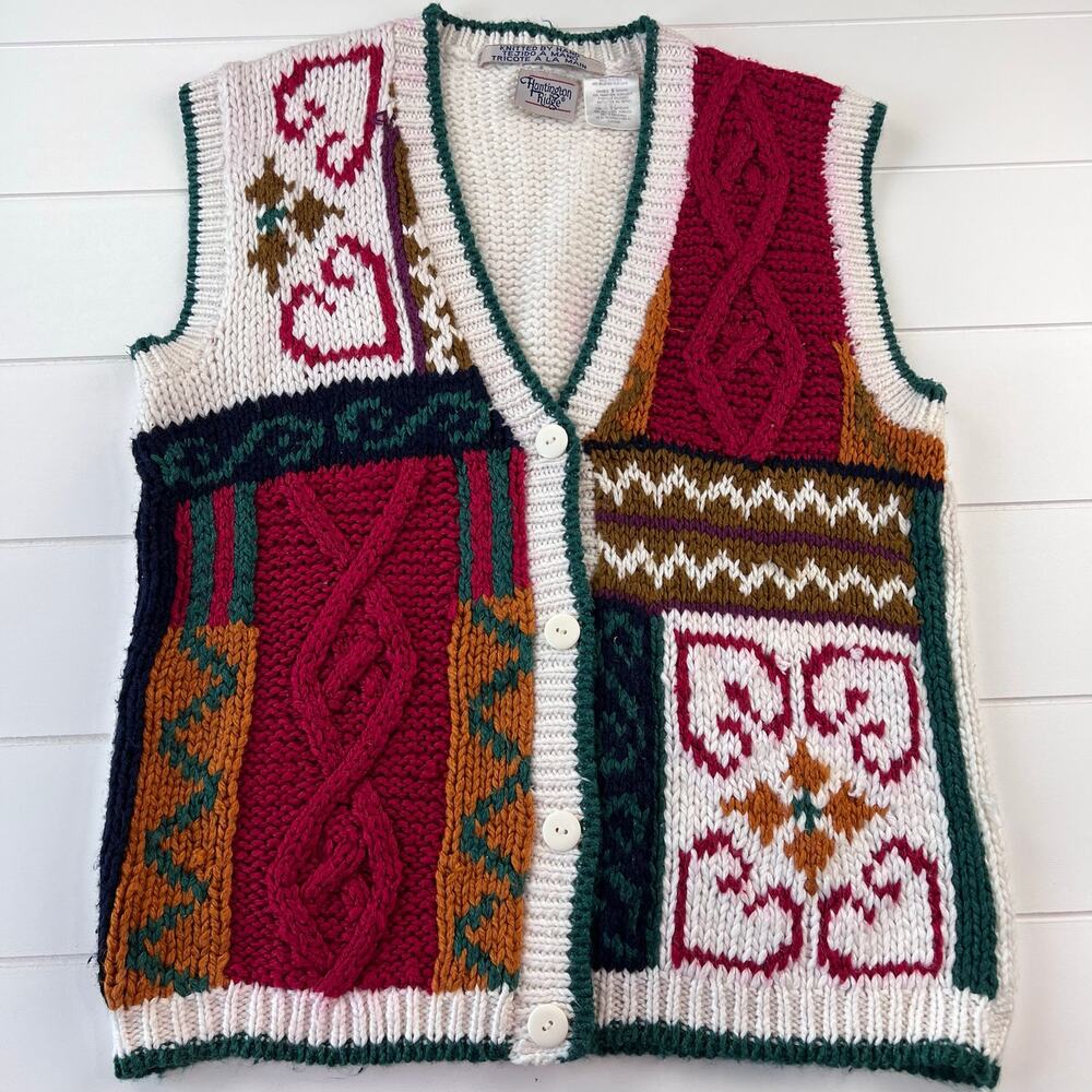 Huntington Ridge Vintage Knit Sweater Vest Women's size Large Heart Multi Color